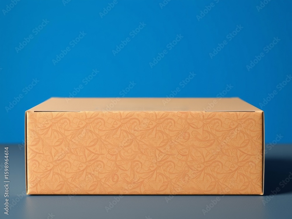 Poster a closed cardboard box sits on a gray surface against a solid blue background in a studio setting