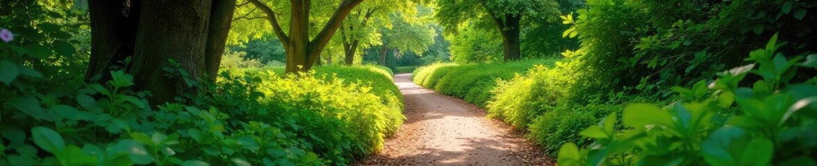 Obraz premium Serene garden pathway meanders through lush greenery, sunlight dappling the leaves Perfect for relaxation and tranquility themes Ideal for websites, blogs, and publications , natural, leaves