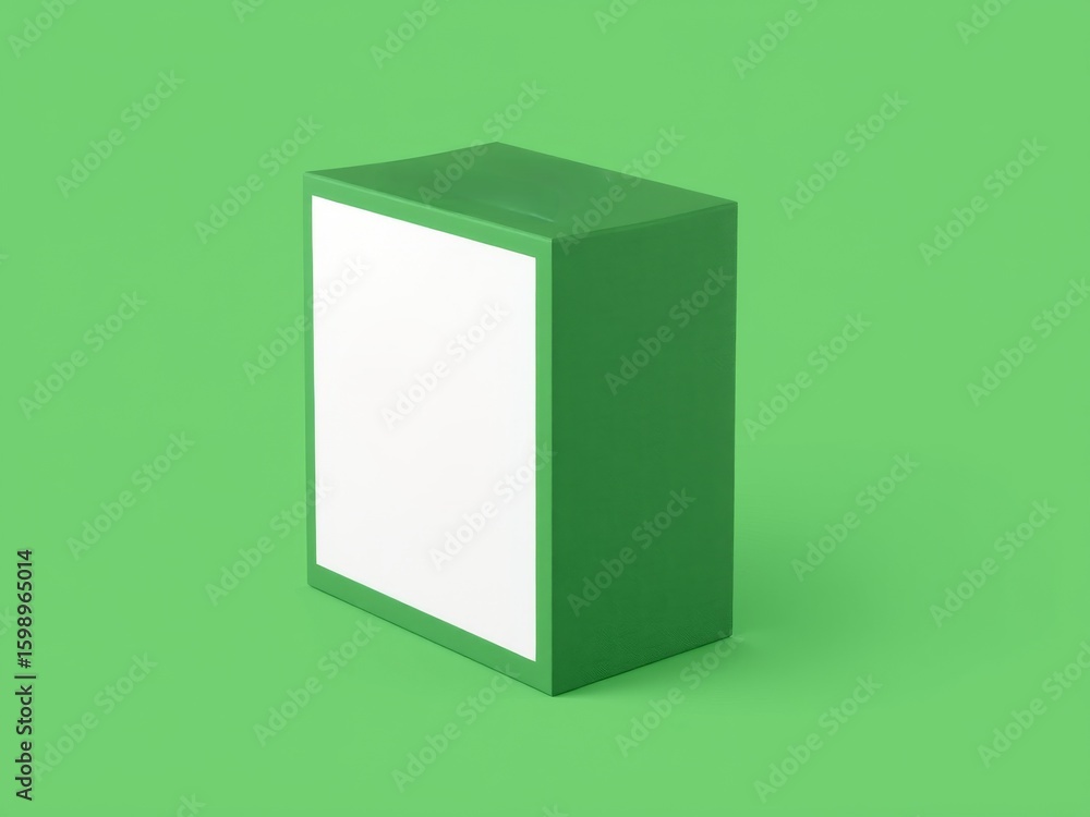 Poster a green rectangular box with a white panel on a matching green background in a studio setting