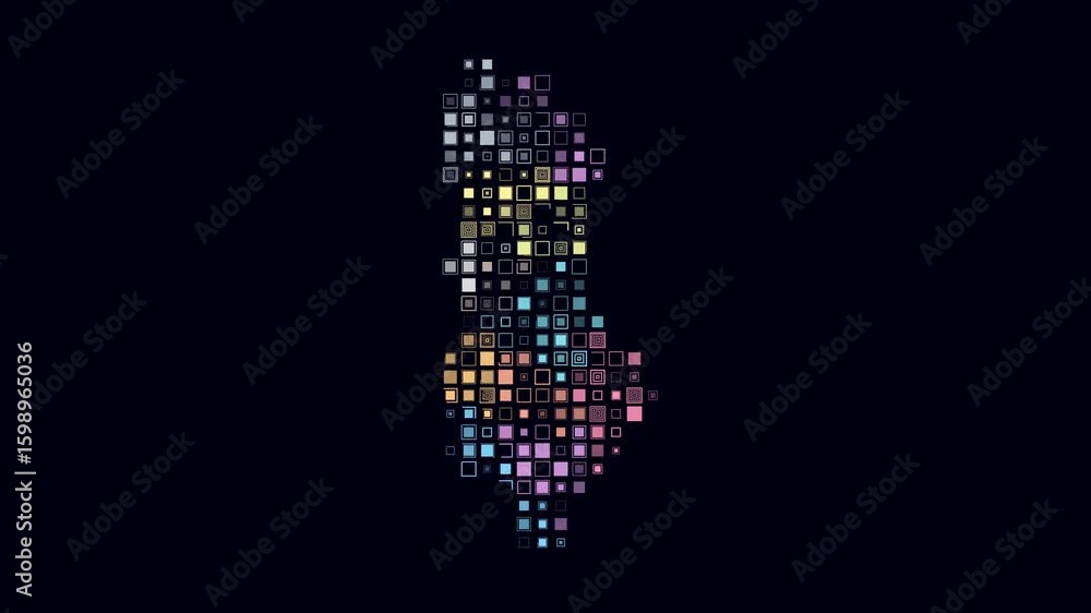 Poster albania dotted animation. shape of the country build of pulsating colored dots. large size square bl