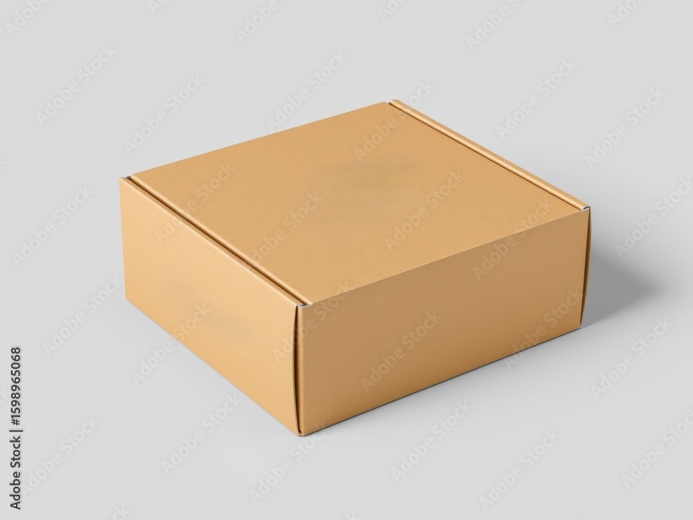 Poster a simple tan cardboard box sitting on a plain light gray surface in a studio setting with soft light
