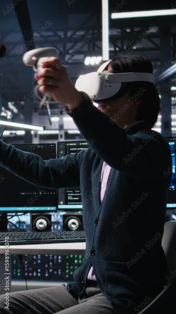 Poster vertical video data center engineer using virtual reality, managing ai systems for uptime and effici