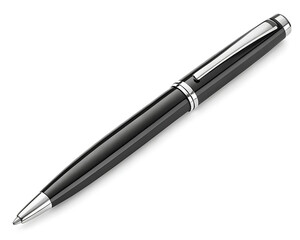 A sleek black ballpoint pen with silver accents resting on a pristine white surface in a studio shot