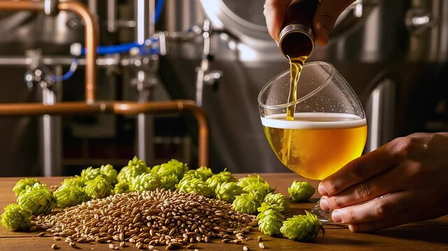 Golden stream swirls into tulip glass by hops and barley heap, aroma crowns beer tasting pause as brewer inspects color then savors silky beer tasting notes promising rich beer tasting finish.