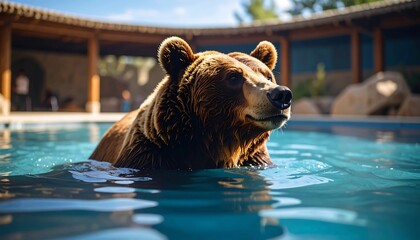 Brown bear in a pool. Sunny day at the zoo