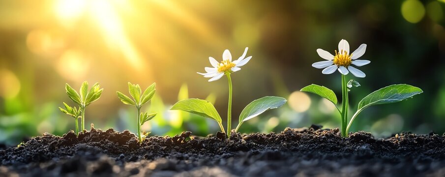 De la graine a la fleur etapes de croissance dune paquerette, soleil eclatant et fond vert naturel, evolution lente