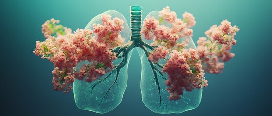 Floral pastel lung anatomy, symbolizing the quit smoking concept and World Tuberculosis Day, soft pinks and greens, generative AI, highly detailed, serene lighting