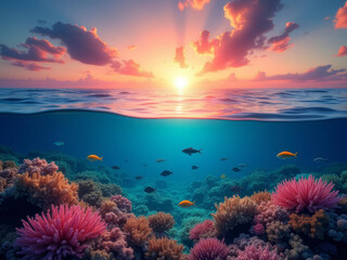 Fototapeta premium Coucher de soleil sur un récif corallien aux eaux cristallines 