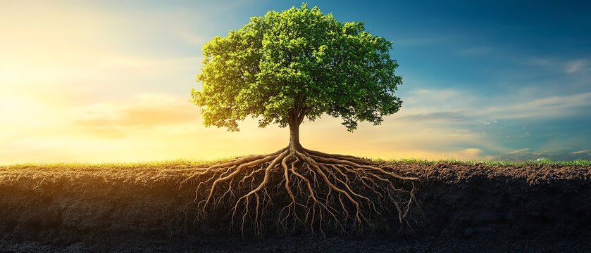 growth concept, tree roots expanding, symbolizing growth and development, flourishing nature, personal and professional evolution