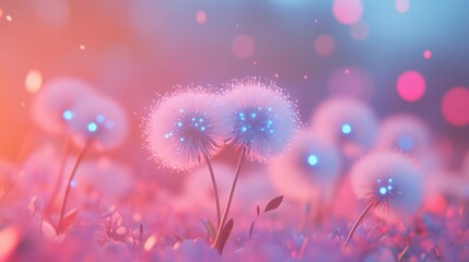 Glowing, pastel-colored dandelion clocks in a dreamy, out-of-focus field at sunset.  Magical, surreal feel