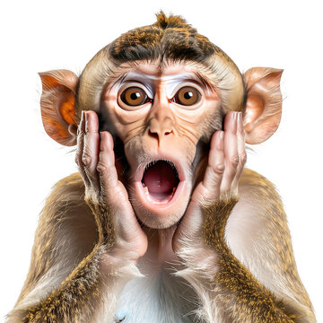A surprised baby monkey with its mouth wide open isolated on a transparent background.