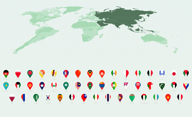 Fototapeta premium Stylish Vertical Pin Icons Showcasing Asian Country Flags.