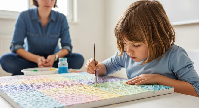 A young girl painting a patterned canvas with her mother watching in the background in a bright room
