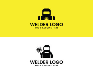 Modern welder logo design featuring a silhouette of a welder with sparkles on yellow and white backgrounds