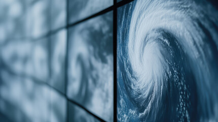 Satellite images of a swirling hurricane fill multiple screens, highlighting weather predictions and analysis. Weather phenomena, hurricane, climate data