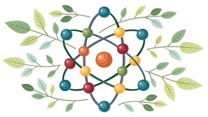 Colorful molecular structure model showing atom connections with decorative leaves