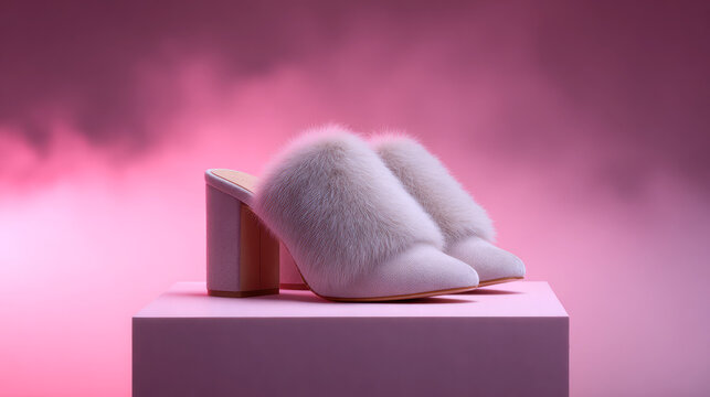 Furry high-heeled mules placed elegantly on a pink podium. Fashion footwear display, luxury style