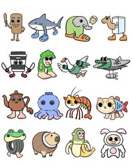 Anomali Italian Brainrot. Whimsical collection of sixteen strange handdrawn cartoon characters and surreal hybrid creatures. Vector Illustrations. EPS Editable