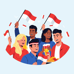 A cheerful diverse group of young people celebrating together waving red and white Indonesian flags and enjoying snacks and drinks. Vector Illustrations. EPS Editable