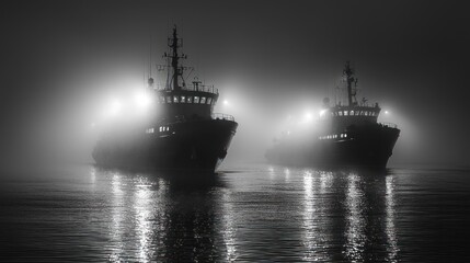 Nightfall: Two Vessels in Misty Seascape