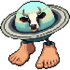 Fototapeta premium Anomali Italian Brainrot. Bizarre pixel art creature with a Saturn head cow face and human feet. Vector Illustrations. EPS Editable