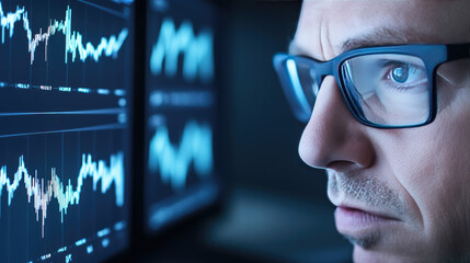 Man wearing glasses closely examines fluctuating financial graphs on computer screens. Concept: data analysis, finance, technology, concentration