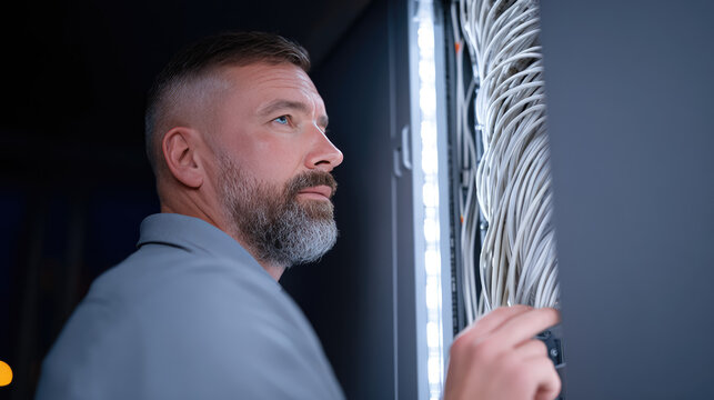Bearded technician worker inspects network cables in a server room. Technology, maintenance, network