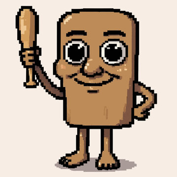 Anomali Italian Brainrot. Tung Tung Tung Sahur Smiling brown pixel art character with large eyes holding a wooden club. Vector Illustrations. EPS Editable