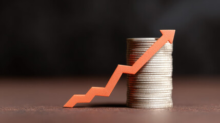 A stack of silver coins with an upward-pointing orange arrow. Economic growth, finance