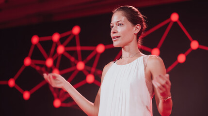 A woman in a white outfit is speaking in front of a backdrop with red connected dots. Public speaking, communication, conference