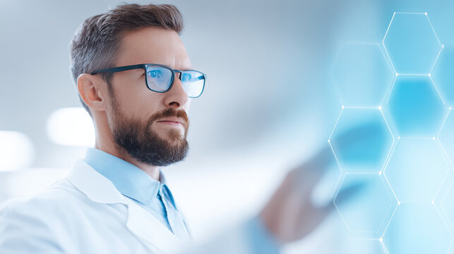Scientist in a lab coat interacts with a digital interface displaying blue hexagons. Technology and innovation