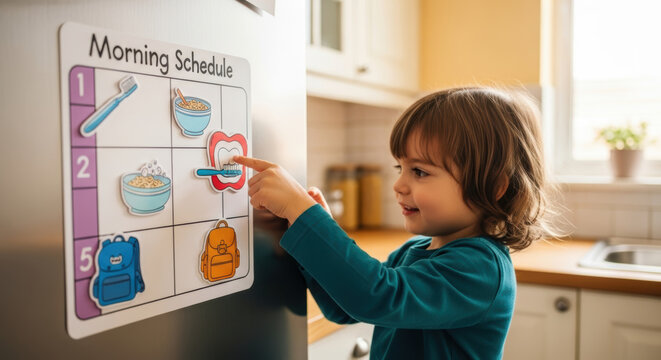 Child pointing at morning schedule chart with toothbrush breakfast and backpack illustrations on refrigerator - Powered by Adobe