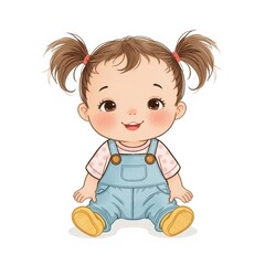 Adorable baby illustration with pigtails and polka dot shirt - cute nursery and children's product design