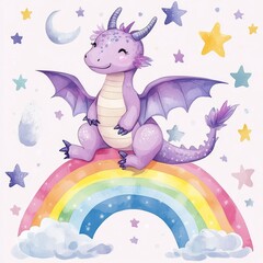 Obraz premium Enchanting of a charming kawaii style dragon creature perched atop a vibrant rainbow surrounded by a whimsical display of sparkling stars crescent moons and other captivating celestial elements