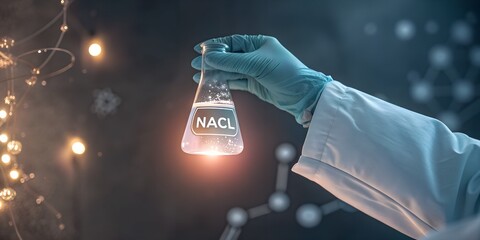 Gloved hand holding a glowing vial labeled "NaCl", dark science background, cinematic lighting