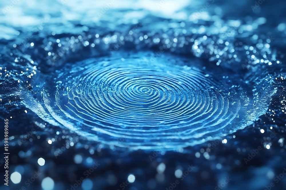 Poster abstract blue fingerprint design with circular patterns and bokeh light effects background