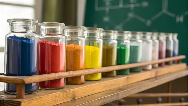 Color-coded chemicals in labeled jars on a wooden shelf, blurred chalkboard equations in the background