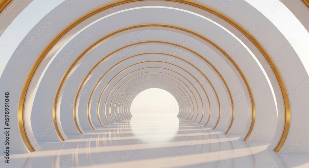Poster futuristic architectural tunnel with glowing light at the end and golden metallic arches creating a 