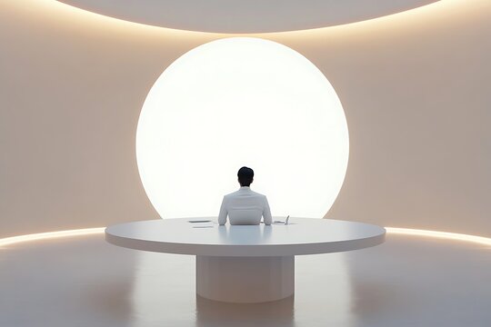 Solitude in a modern office space with a man at a round table contemplating future plans