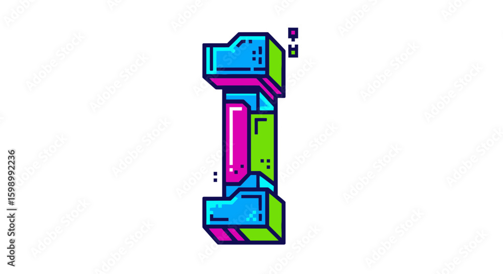 Poster vector retro pixel art illustration of a futuristic device with vibrant colors and geometric shapes 