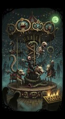 A darkly whimsical, gothic fairytale-style illustration of  a haunted carnival at midnight.  monstrous carousel of disturbing creatures: wolves, skeletal snakes, and eyeless humanoids, surreal