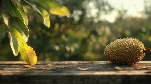 A close-up of ripe durians on a wooden bench in daylight, with leaves and blurry background indicative of a tropical setting.