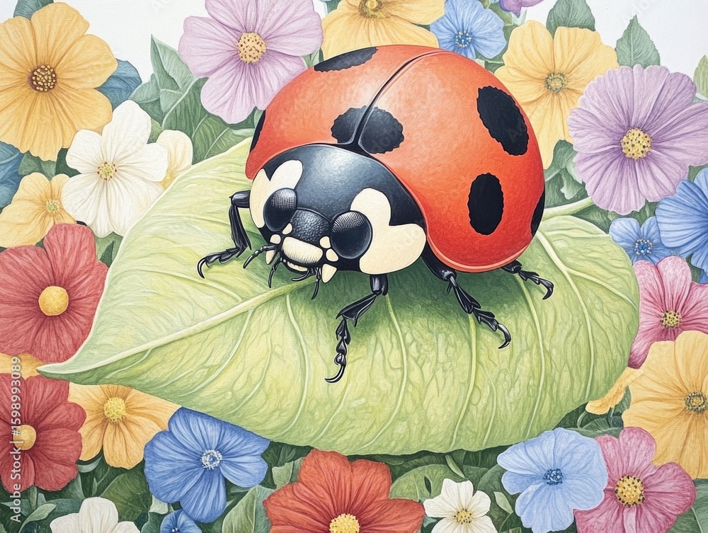 Poster a dreamy and whimsical digital of a kawaii style ladybug with oversized eyes resting on a giant gree