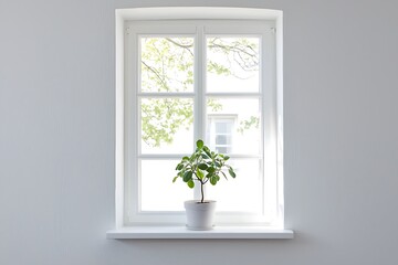 Bright white window with green plant in pot on sill in simple modern interior decor design