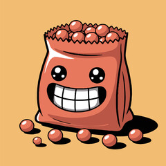 Cartoon bag with a happy face filled with round objects and some scattered on the ground nearby