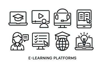 E-learning platform icons: computer, video, headset, book, female, globe, graduation cap