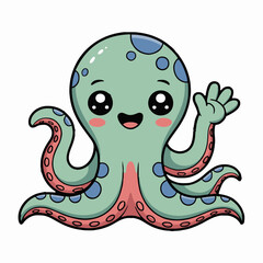 A cartoon octopus with big eyes and a friendly smile waving on a white background illustration art