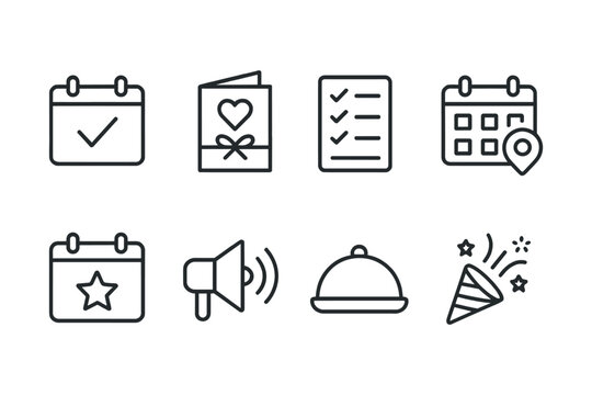Calendar and celebration icon set depicting event planning and organization tools