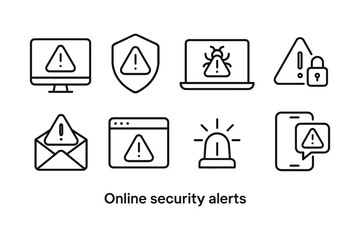 Online security alerts icon set featuring computers and mobile devices