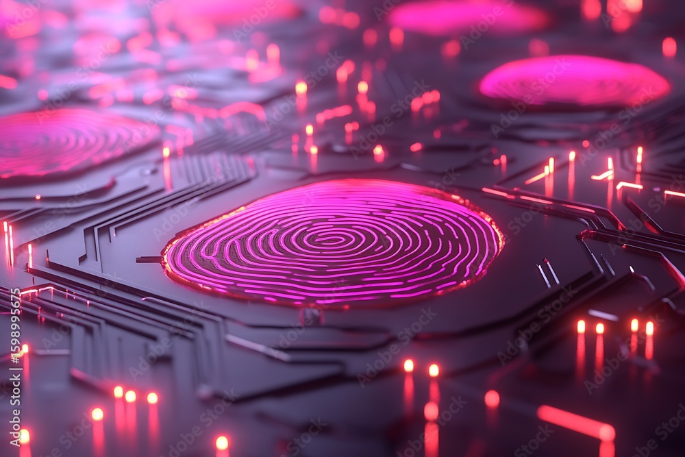 Poster futuristic fingerprint sensor technology on circuit board for secure data access and privacy